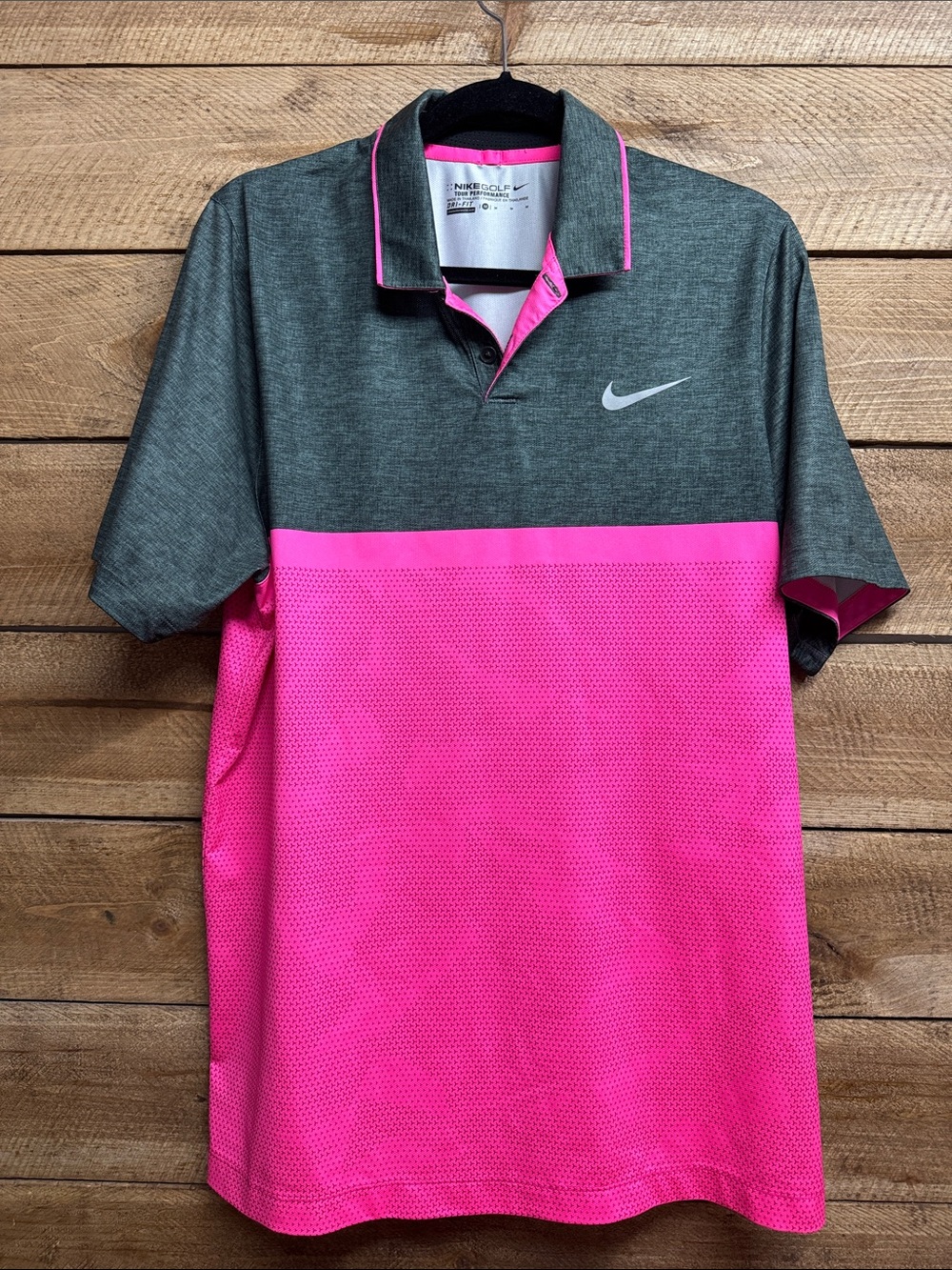 Nike Golf Tour Performance DriFit Men’s Charcoal Gray and Hot Pink Polo